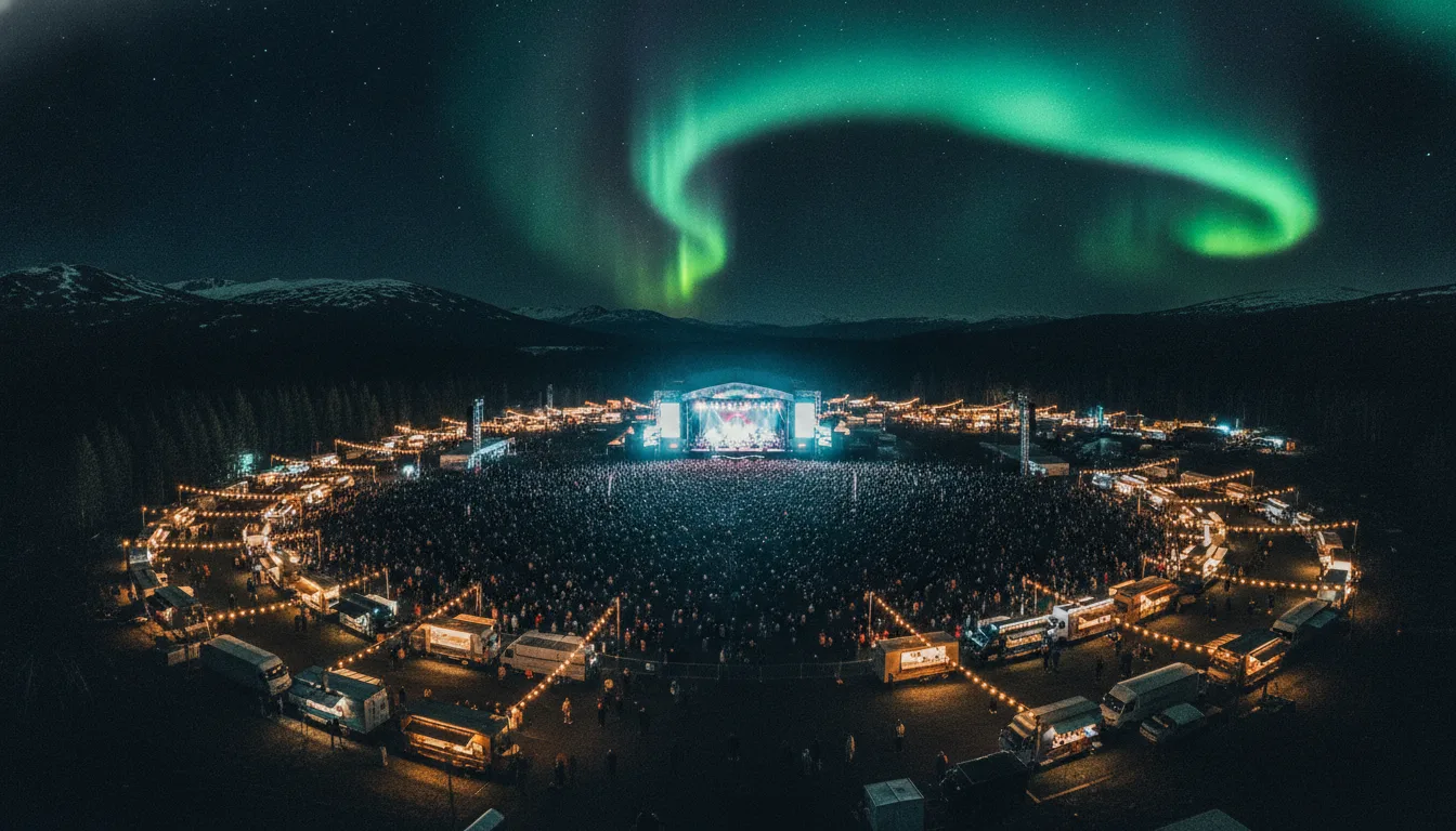 Festival de musique vu du ciel, food trucks illuminés sous une aurore boréale